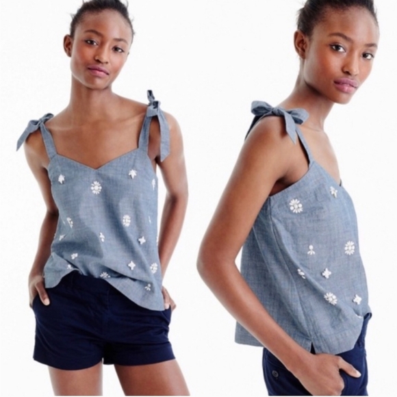 J. Crew Chambray Embellished Tie Shoulder Top, XS - Picture 3 of 13